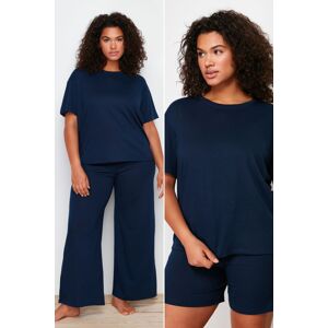 Trendyol Curve Navy Blue Crew Neck 3-Piece Knitted Pajamas Set