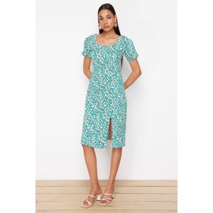 Trendyol Pistachio Green Printed Textured Gathered Square Neck Back Tie Detail Flexible Knitted Dress