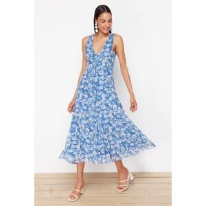 Trendyol Blue Floral Printed V-Neck Knitted Dress