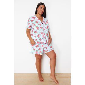 Trendyol Curve Light Blue Watermelon Patterned Shirt Collar Knitted Pajama Set