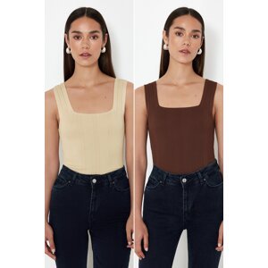 Trendyol Stone-Brown Basic Double Pack Top Knitwear Blouse