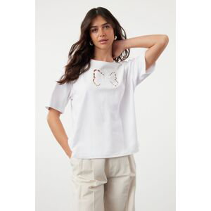 Trendyol White 100% Cotton Embroidery Detailed Relaxed/Wide Cut Crew Neck Knitted T-Shirt