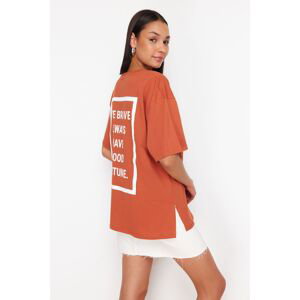Trendyol Cinnamon Slogan Printed Oversize/Wide Pattern Knitted T-Shirt