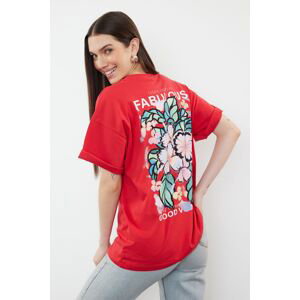 Trendyol Red 100% Cotton Back and Front Printed Oversize/Wide Cut Knitted T-Shirt