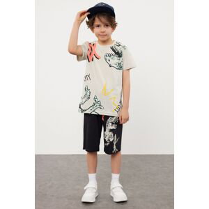 Trendyol Navy Blue Boy's Dinosaur Patterned T-shirt Shorts Set Knitted Top-Bottom Set