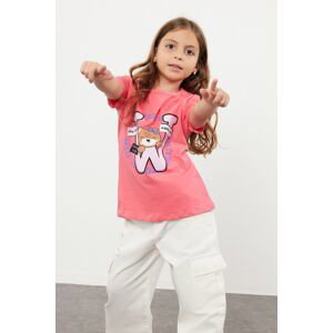 Trendyol Fuchsia Girl's Slogan Teddy Bear Patterned Short Sleeve Knitted T-Shirt
