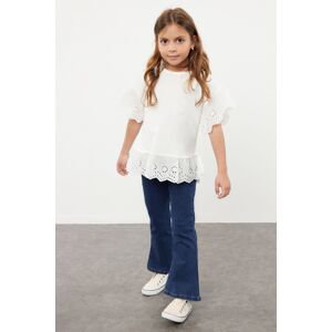 Trendyol Ecru Girl's Short Sleeve Knitted T-Shirt with Sleeve and Hem Detail