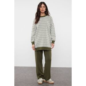 Trendyol Khaki Geometric Patterned Sweater-Pants Knitwear Set