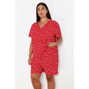 Trendyol Curve Red Flower Patterned V-Neck Knitted Pajama Set