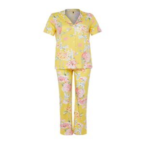 Trendyol Curve Yellow Flower Patterned Shirt Collar Knitted Pajama Set