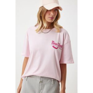 Happiness İstanbul Women's Pink Printed Oversize Knitted T-Shirt