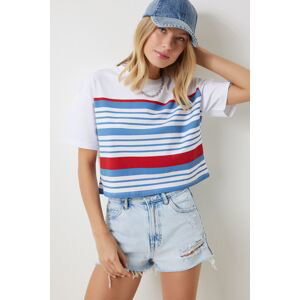 Happiness İstanbul Women's White Blue Crew Neck Striped Knitted T-Shirt