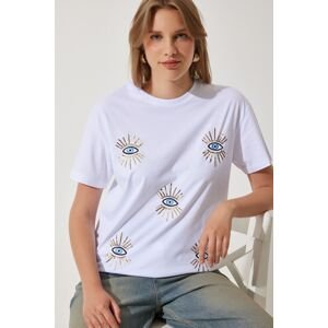 Happiness İstanbul Women's White Sequin Embroidered Oversize Cotton Knitted T-Shirt