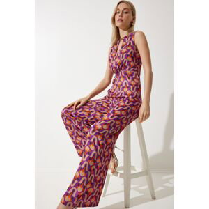 Happiness İstanbul Woman's Purple Beige Patterned Satin Jumpsuit