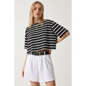 Happiness İstanbul Women's Black and White Striped Oversize Crop Knitted T-Shirt