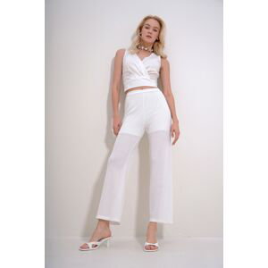 Trend Alaçatı Stili Women's White Double Breasted Collar Crop Blouse and Lined Trousers Double Set