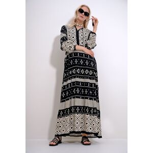 Trend Alaçatı Stili Women's Ecru-Black Collar Tassel Detailed Layered Flounced Ethnic Patterned Woven Viscose Dress