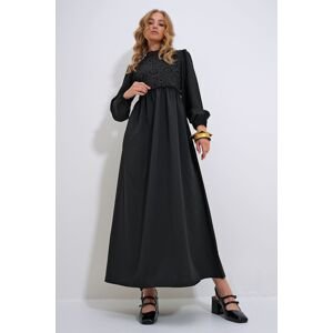 Trend Alaçatı Stili Women's Black Stand Collar Crochet Braided Back Zipper Woven Dress