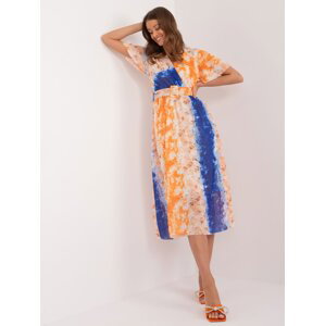 Oranžově modré vzorované šaty s páskem