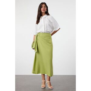 Trendyol Oil Green Double Breasted Tie Detailed Woven Linen Look Skirt