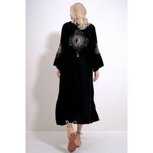 Trend Alaçatı Stili Women's Black Maxiboy Kimino Kaftan with Sim Embroidery on the Back and Sleeves and Belted Waist