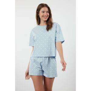 Trendyol Blue 100% Cotton Heart Patterned T-shirt-Shorts Knitted Pajama Set