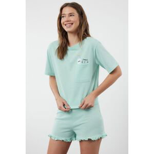Trendyol Mint Cotton Printed T-shirt-Shorts Knitted Pajama Set