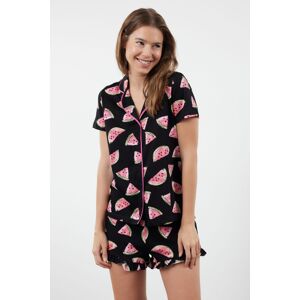 Trendyol Black 100% Cotton Watermelon Patterned Ruffle Shirt-Shorts Knitted Pajama Set