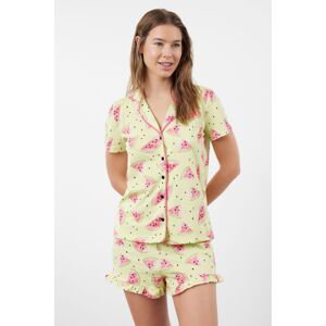 Trendyol Green 100% Cotton Watermelon Patterned Ruffle Shirt-Shorts Knitted Pajama Set