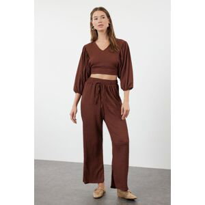 Trendyol Dark Brown Textured Fabric Relaxed/Comfortable Cut Flexible Knitted Bottom-Top Set