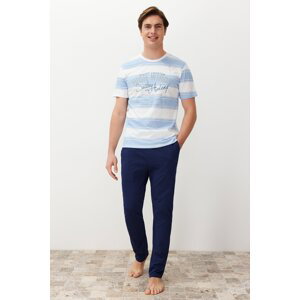 Trendyol Men's Blue Regular Fit Striped Knitted Pajama Set