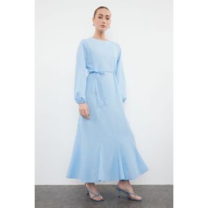 Trendyol Blue Knitted Belted Woven Cotton Dress