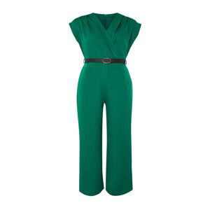 Trendyol Curve Emerald Green Belted Double Breasted Collar Maxi Plus Size Woven Jumpsuit