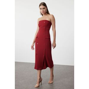 Trendyol Red Straight Cut Button Detail Strapless Midi Woven Dress