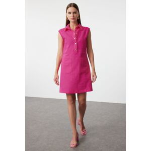 Trendyol Fuchsia Straight Cut Pocketed Shirt Collar Linen Look Mini Woven Dress