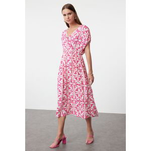 Trendyol Pink Printed A-Line Double Breasted Collar Woven Dress Woven Dress
