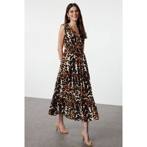 Trendyol Brown Leopard Patterned A-Line Double Breasted Neck Viscose Woven Dress