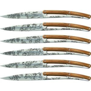 Deejo sada 6 stealpvácj nožů, lesklý povrch, olivové dřevo, design "Toile de Jouy" 2AB011