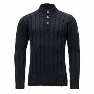 Norský vlněný svetr Devold se stojáčkem na knoflíky Nansen Rib Knit modrý TC 356 420 A 280A XL